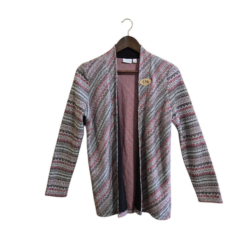 Kim Rogers Women's Open Cardigan Size M Woven Black Red Long Sleeve Cotton Blend
